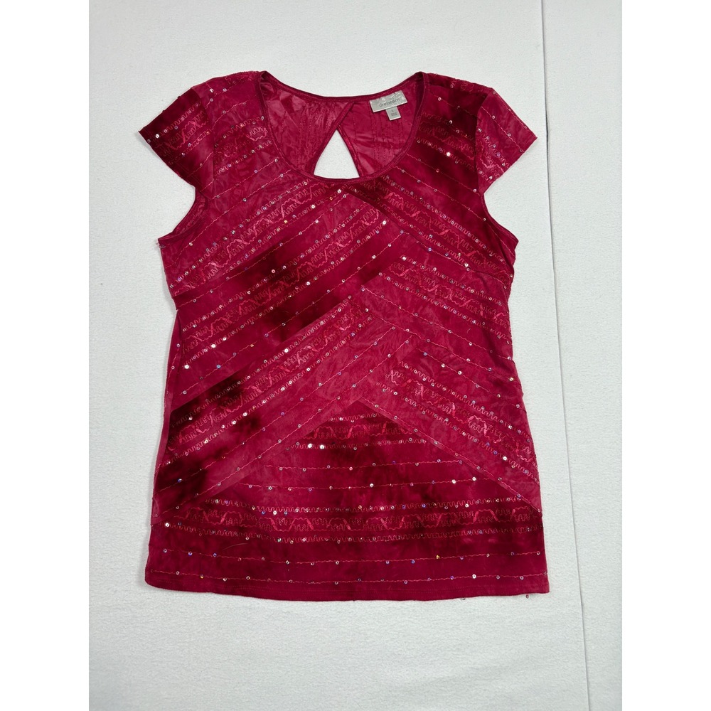 Dressbarn Womens Burgundy Sequin Embroidered Cap Sleeve Keyhole Back Top Large